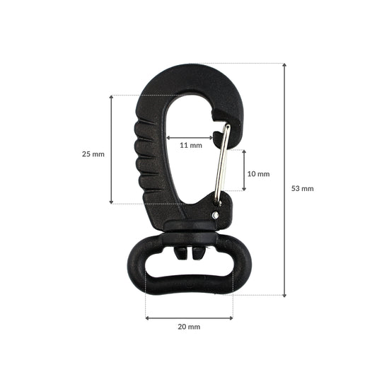 Plastiková karabína - 20 mm otočná čierna 1 ks