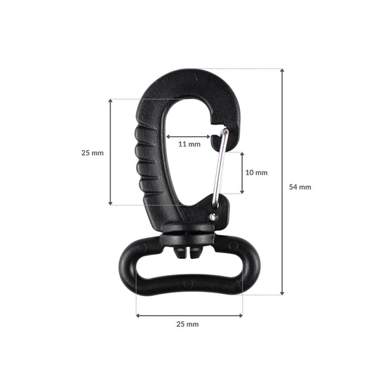 Plastiková karabína - 25 mm otočná čierna 1 ks