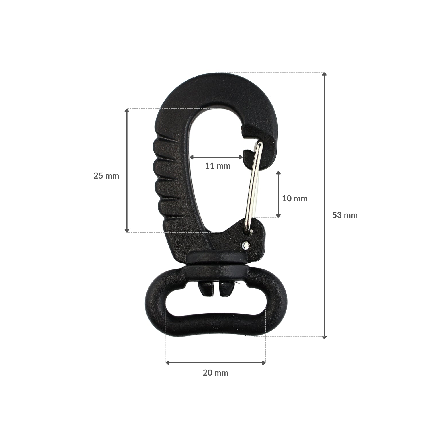 Plastiková karabína - 20 mm otočná čierna 1 ks