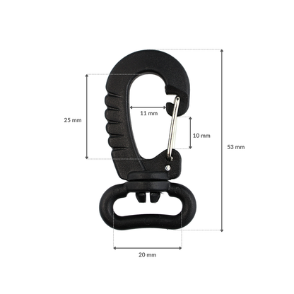 Plastiková karabína - 20 mm otočná čierna 1 ks