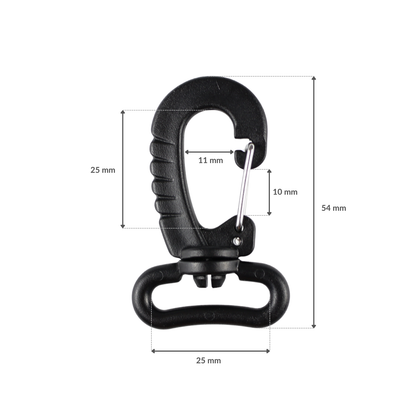 Plastiková karabína - 25 mm otočná čierna 1 ks